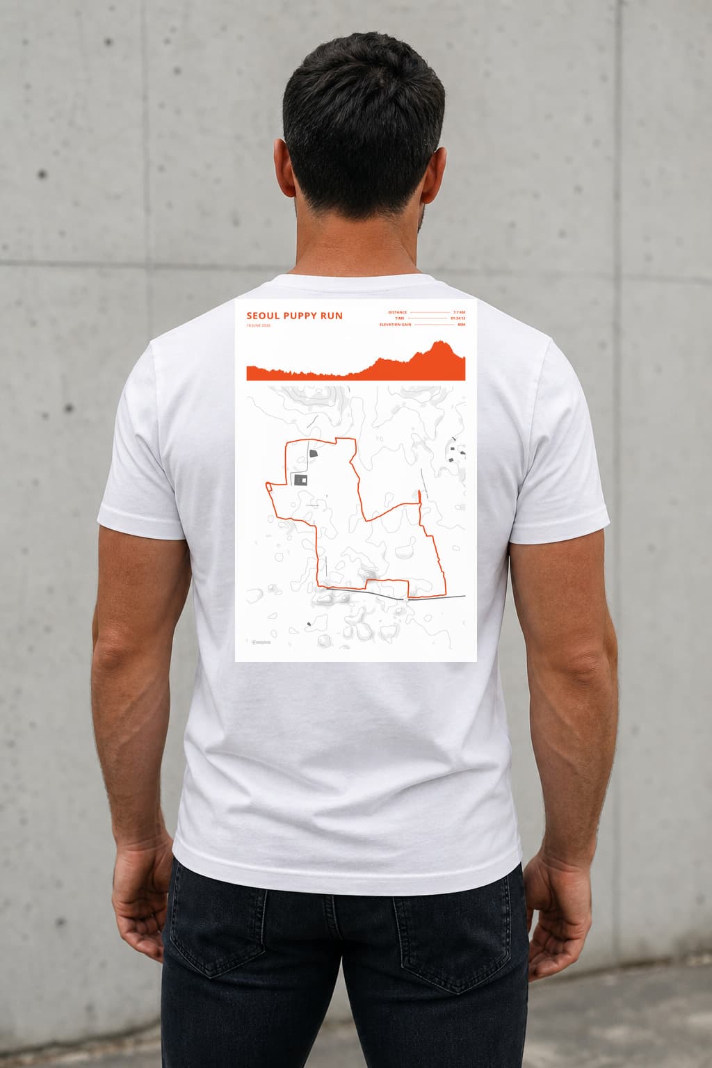 White tee with Seoul Puppy Run print on the back